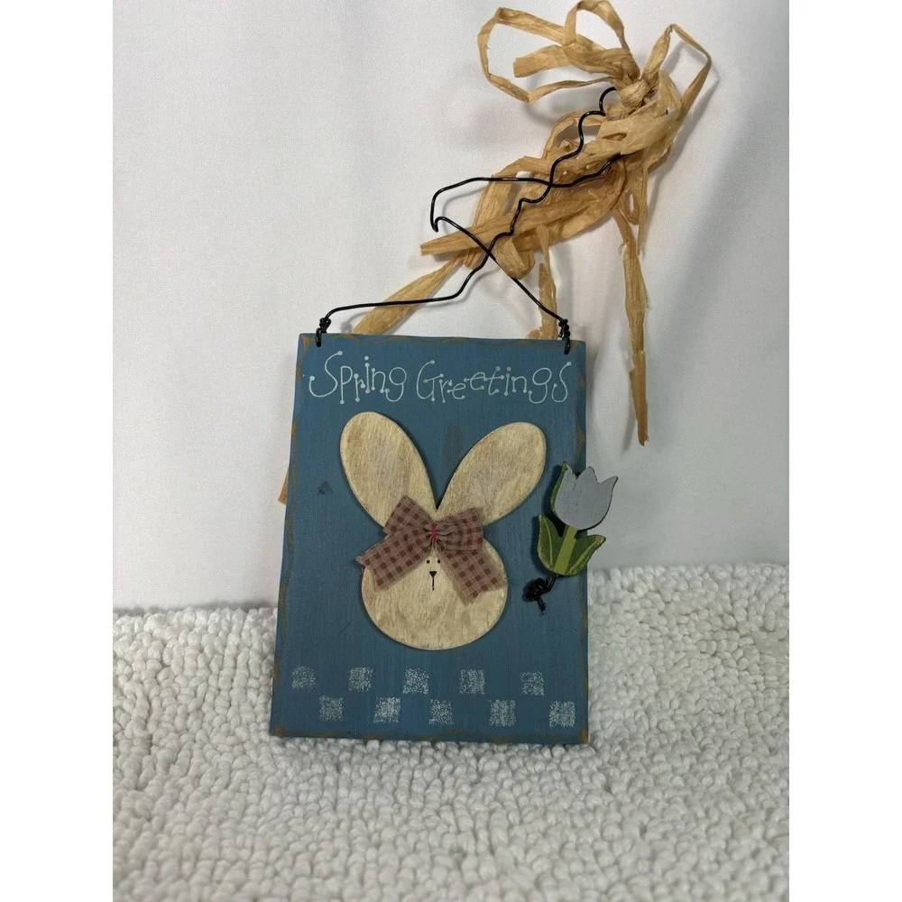 Company Space Bunny Easter Wall Plaque Blue Wood Fabric Hanging Decor